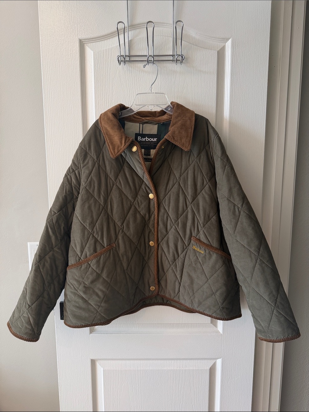 Barbour Olive Quilted Jacket with Brown Corduroy Collar